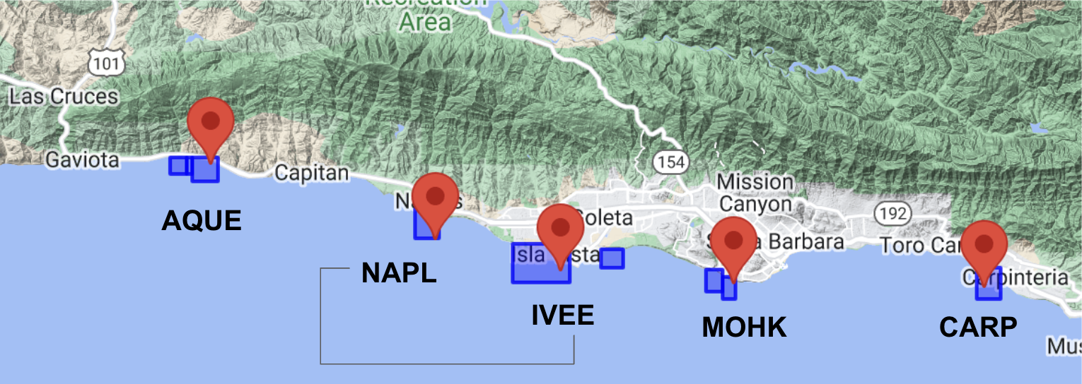 This map shows the locations of 5 reef study sites in the SBC LTER project.